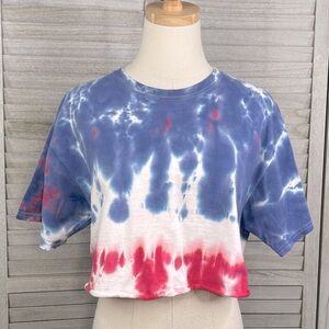 FRUIT OF THE LOOM 100% Cotton Tie Dye Cropped Tee Red White & Blue-Medium